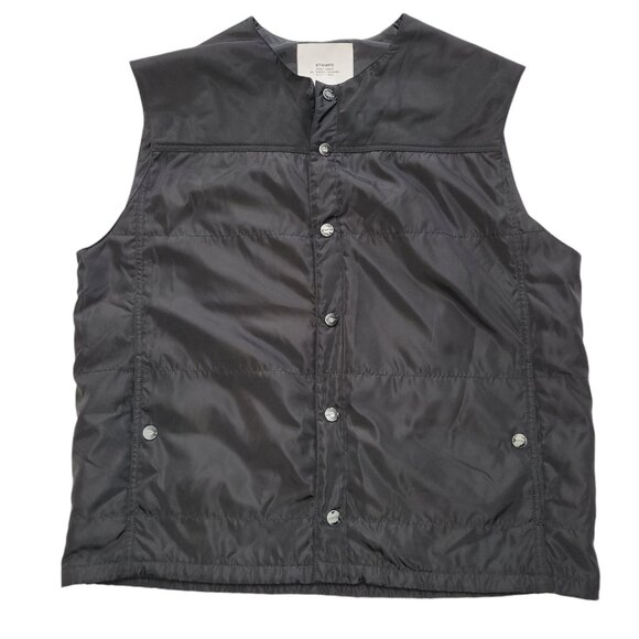STAMPD Puffer Vest Black Collarless Logo Snaps Pockets Drawstring Waist Medium - Picture 1 of 13